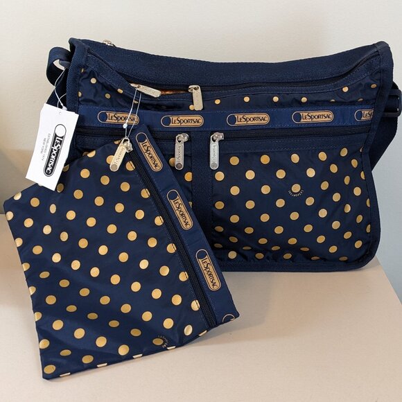 LeSportsac Blue/Golden Poker Dots Deluxe Everyday Bag Handbag - Picture 1 of 6